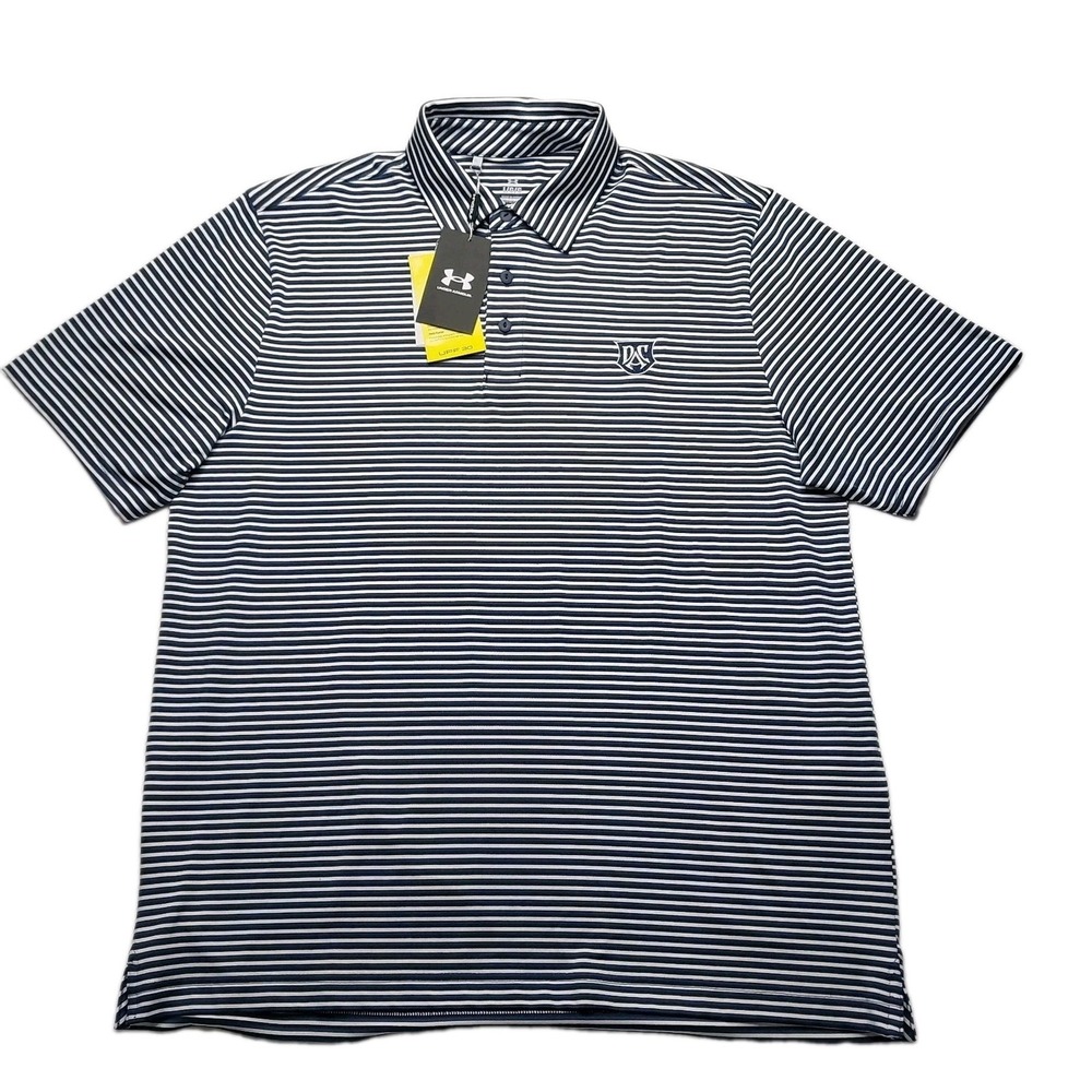 Under Armour Polo Shirt Mens Large UPF 30 Anti Odor Golf Performance Navy Stripe